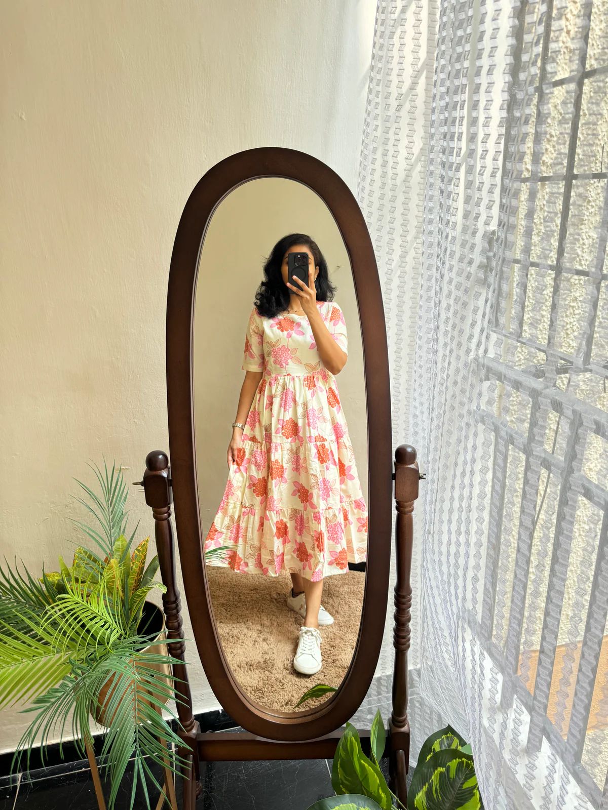 Ivory Floral Print Fit & Flare Midi Dress