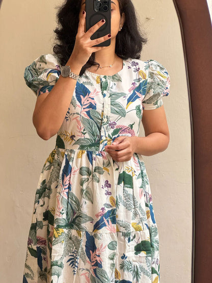 Ivory Tropical Leaf Print Puff Sleeve Maxi Dress