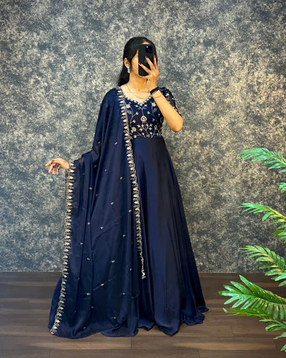 Midnight Blue Embroidered Anarkali with Dupatta
