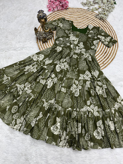 Olive Green Floral Print Tiered Maxi Dress