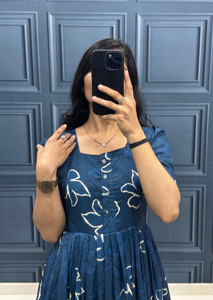 Navy Blue Floral Print Tiered Midi Dress