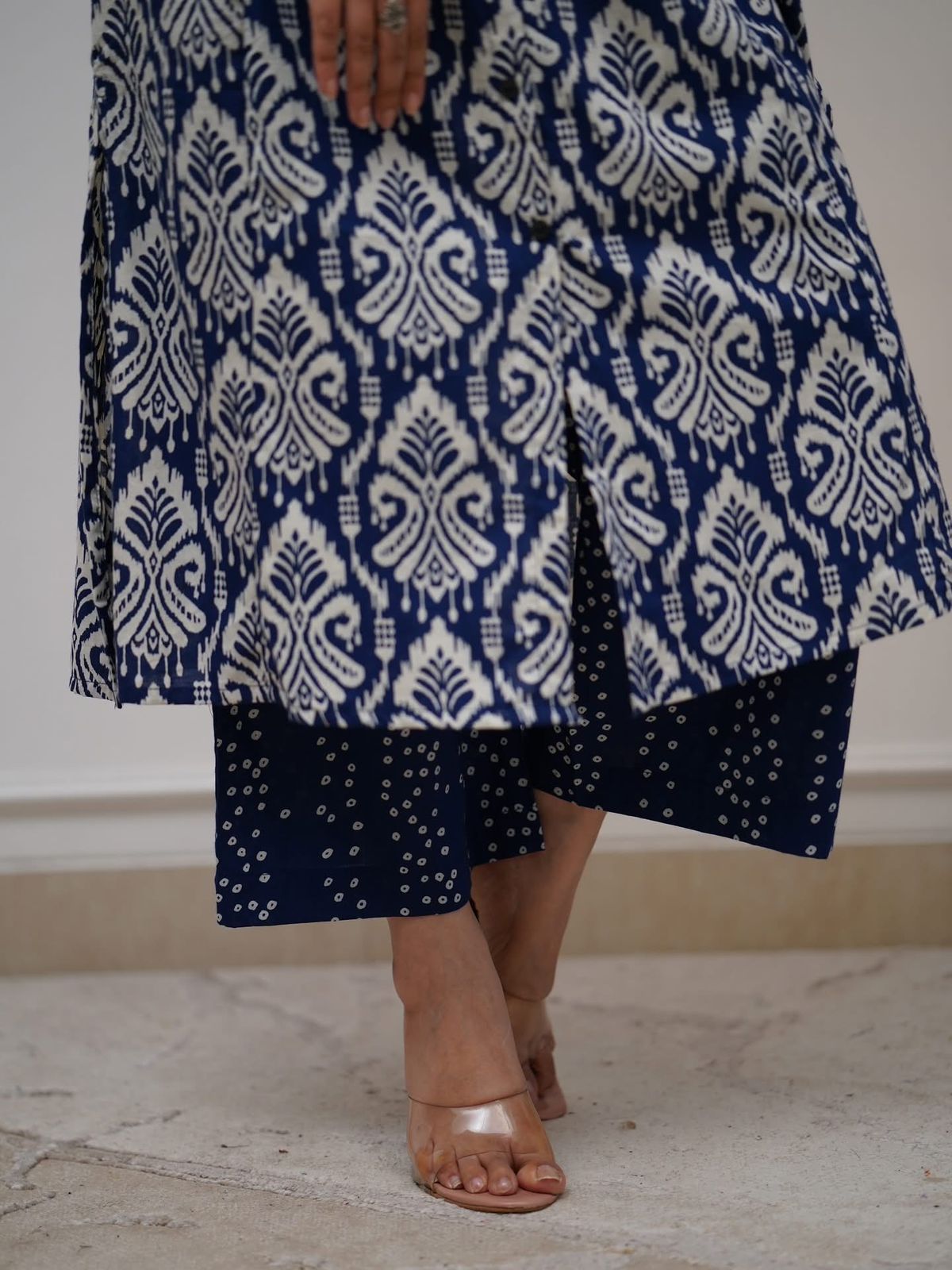 Navy Blue Ikat Print Button-Down Kurta Set