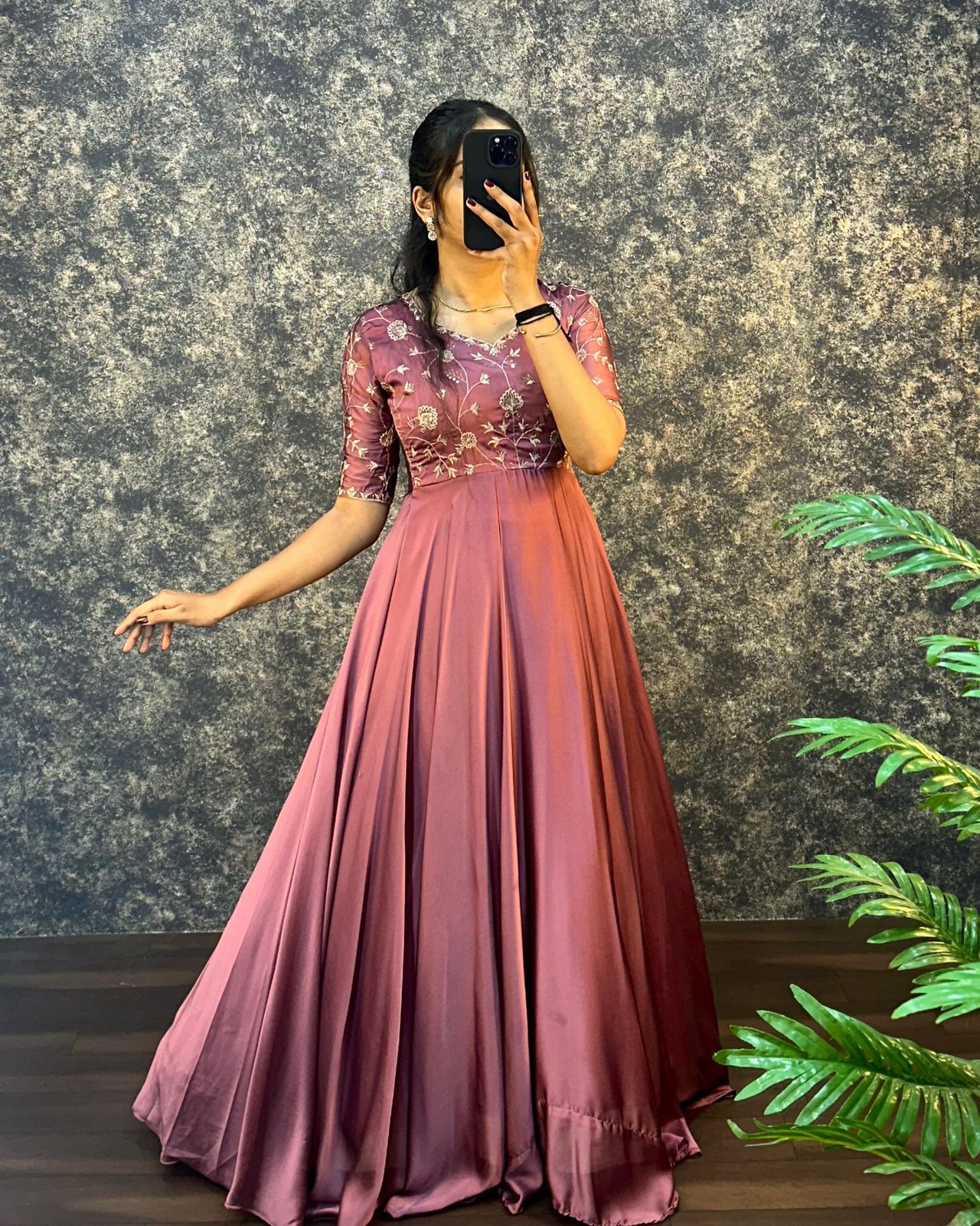 Wine Silk Embroidered Anarkali with Dupatta