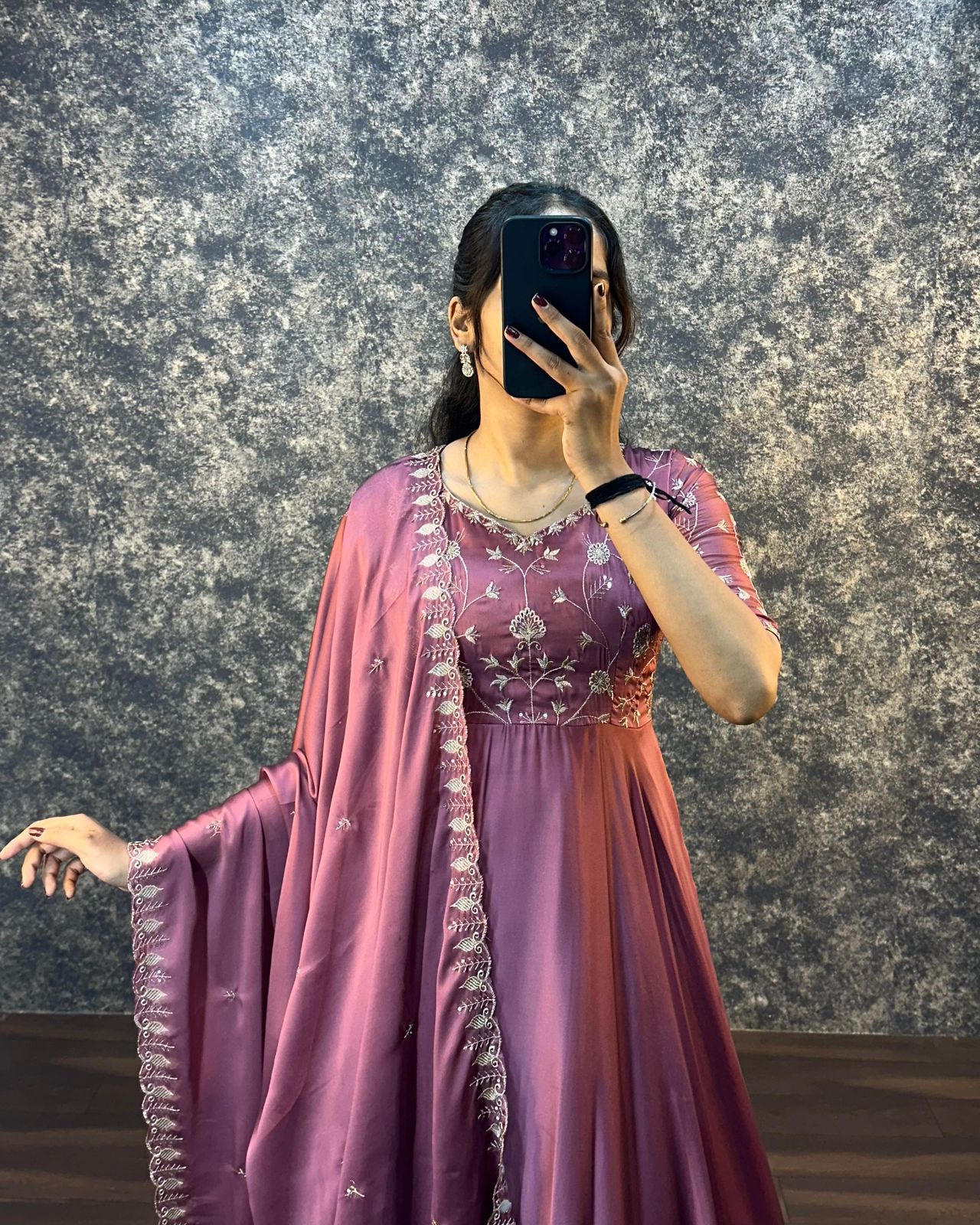 Wine Silk Embroidered Anarkali with Dupatta