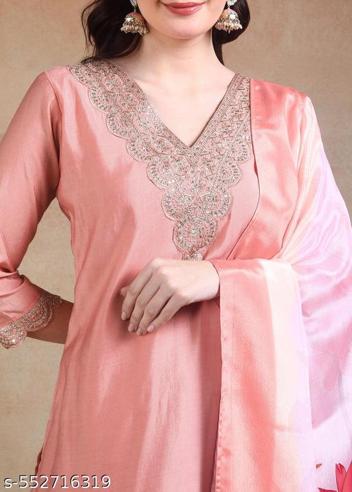 Peach Pink Embroidered Kurta Set with Dupatta