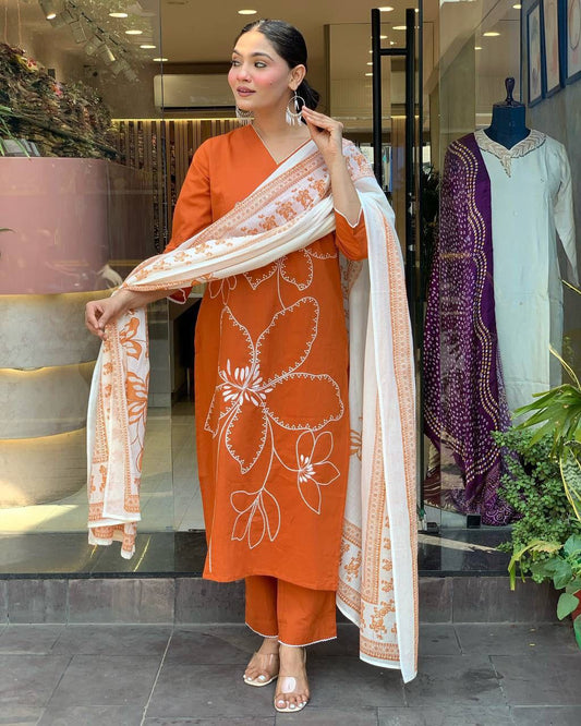 Rust Orange Cotton Kurti Set with White Dupatta
