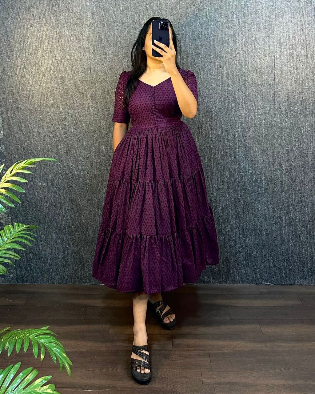 Wine Eyelet Cotton Midi Dress
