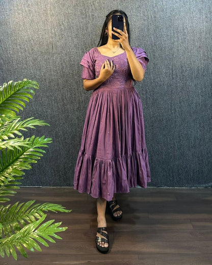 Lavender Purple Embroidered Pleated Sleeve Flared Midi Dress