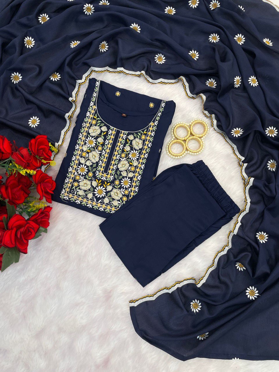 Navy Blue Embroidered Straight Kurta Set with Dupatta