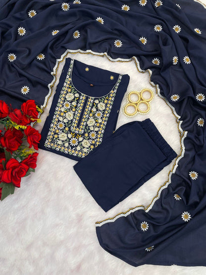 Navy Blue Embroidered Straight Kurta Set with Dupatta