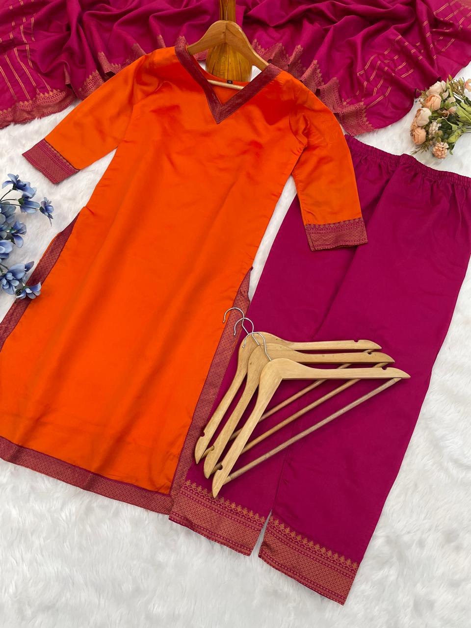 Orange Straight Kurta Set with Pink Dupatta