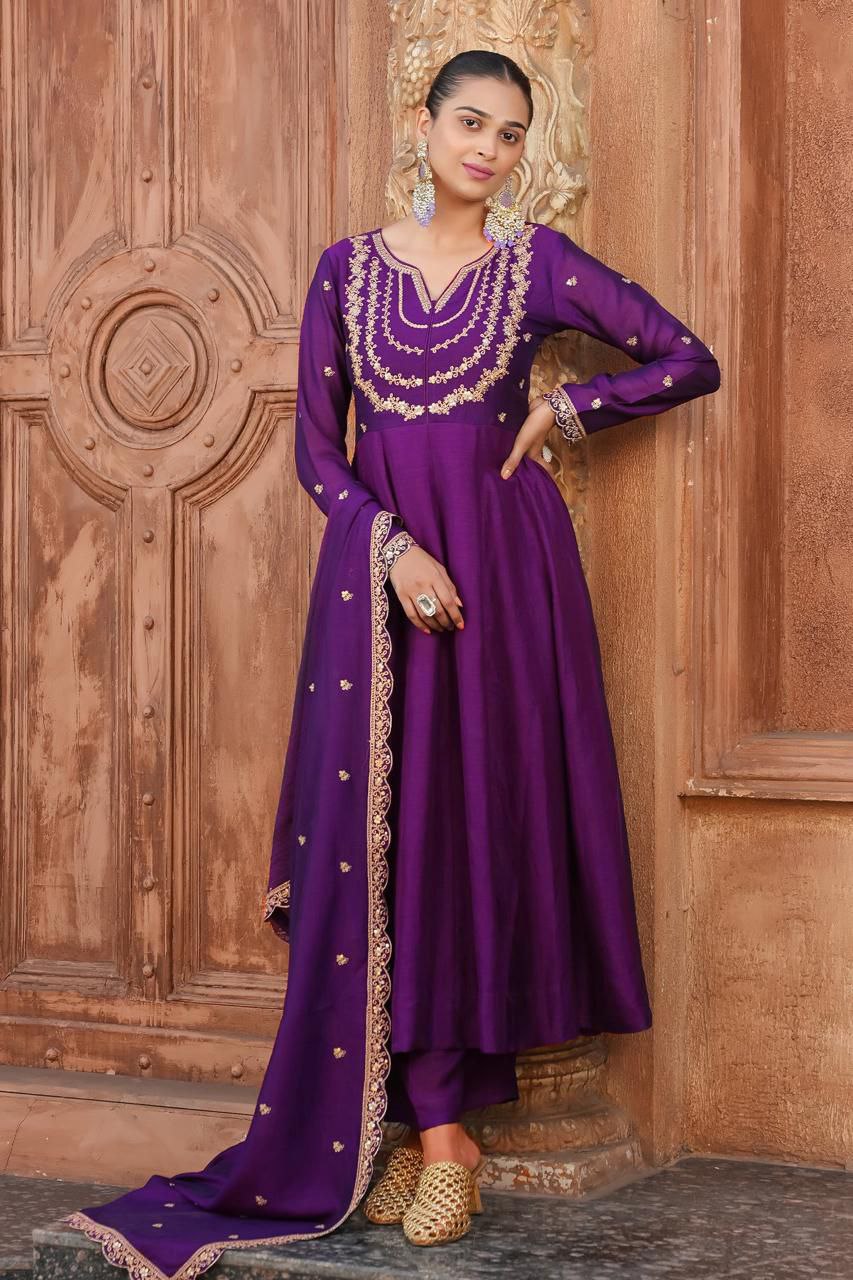 Purple Embroidered Anarkali Kurta Set with Dupatta