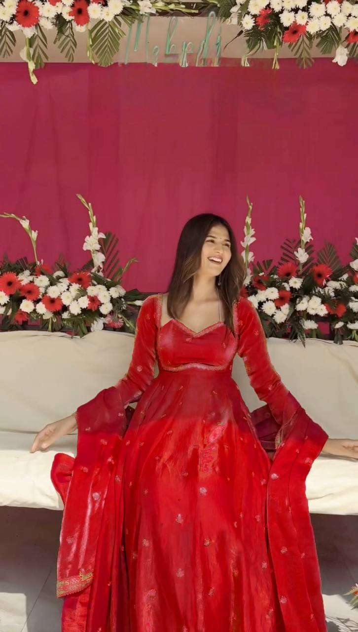 Red Mirror Work Anarkali Suit