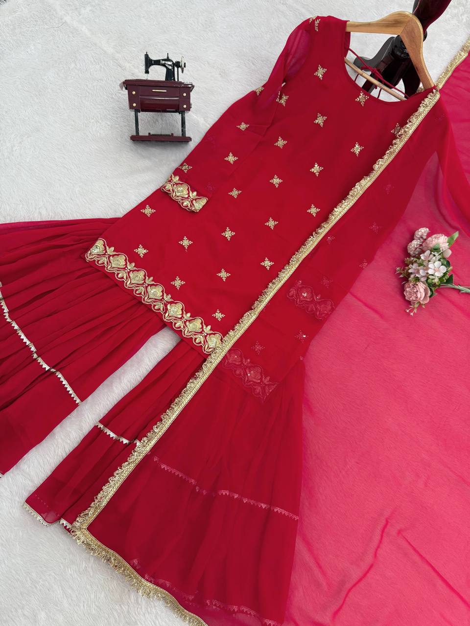 Red Embellished Sharara Suit