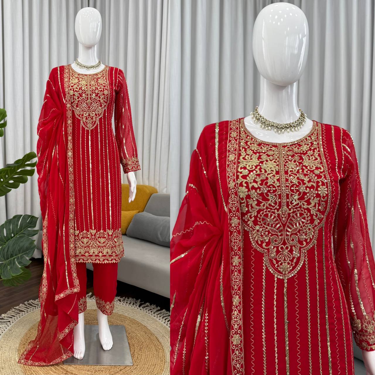 Red Embroidered Straight Suit Set