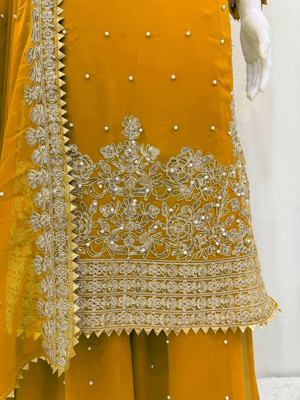 Mustard Embellished Long Kurta with Sharara and Dupatta