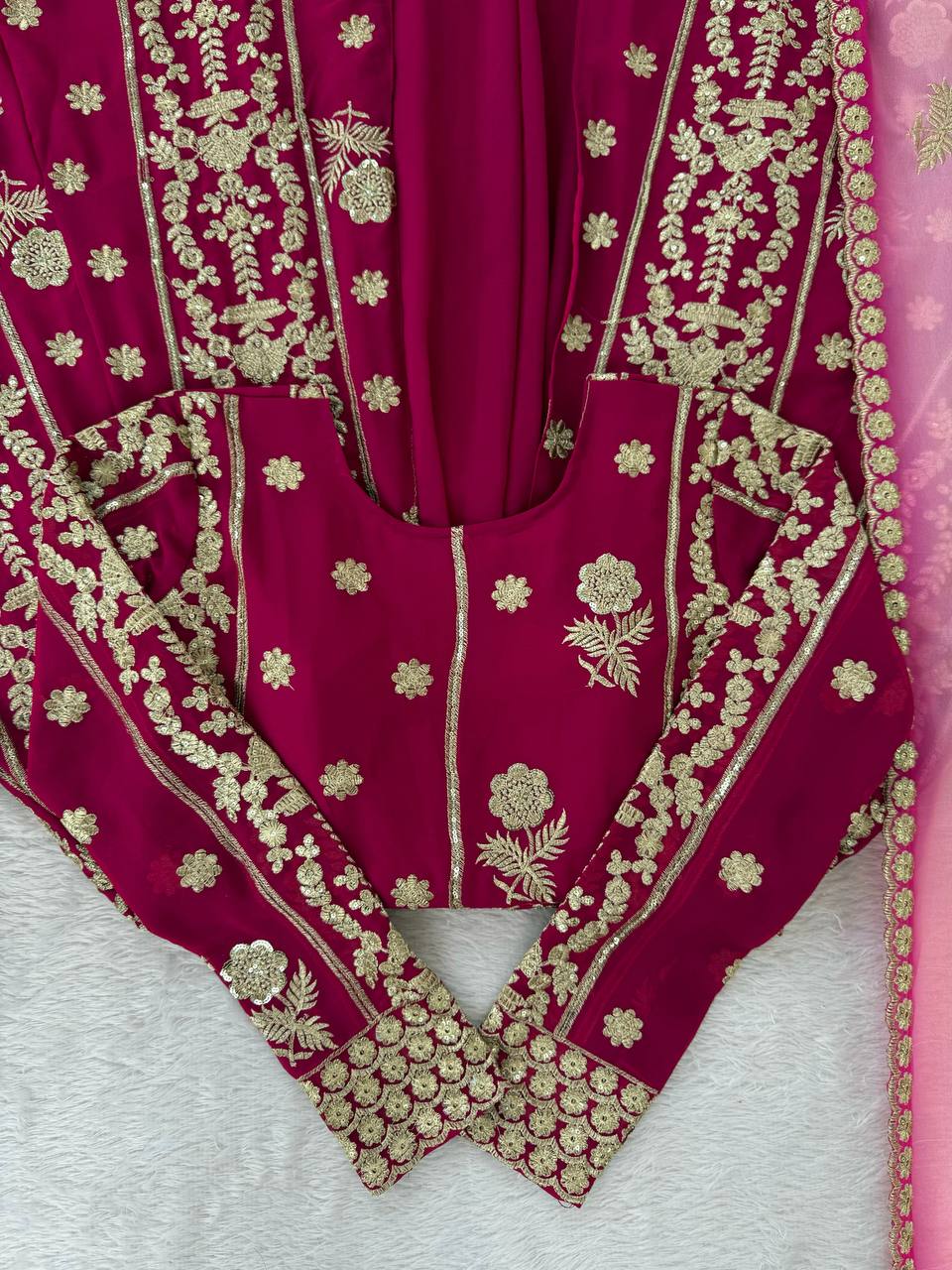 Wine Red Heavy Embroidered Bridal Lehenga with Long Sleeves and Dupatta