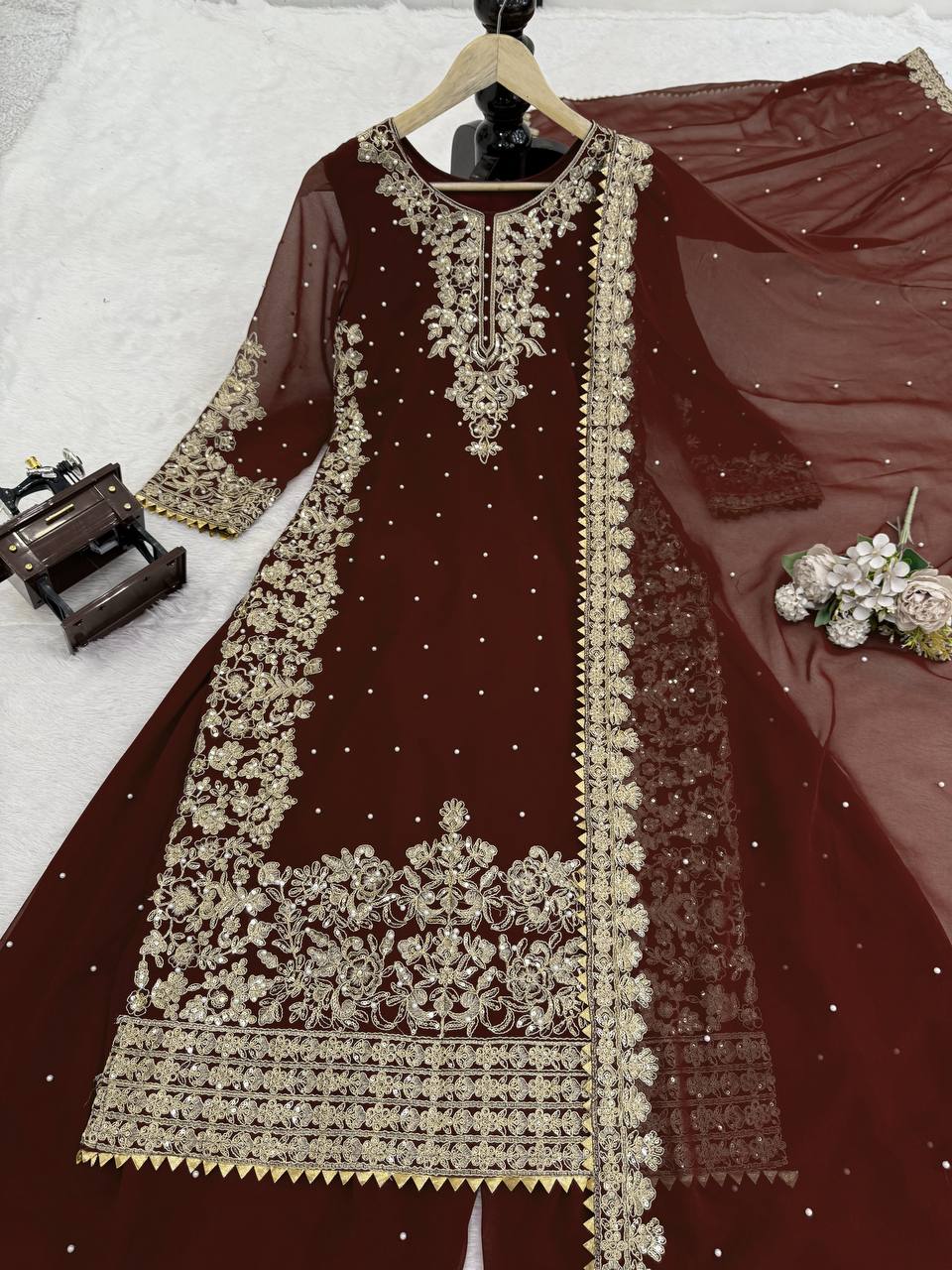 Deep Maroon Embellished Long Kurta with Sharara and Dupatta