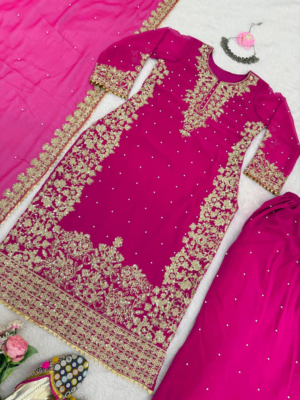 Fuchsia Embellished Long Kurta with Sharara and Dupatta