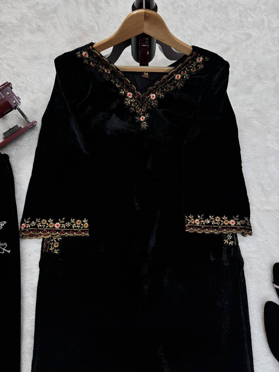 Black Velvet Embroidered Kurta Set