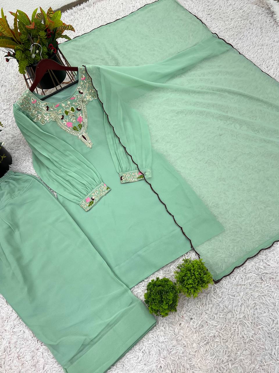 Green straight-cut embroidered suit with dhoti pants and contrast-edge dupatta