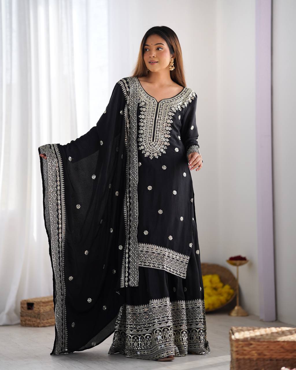 Black heavy embroidered silk Anarkali set with matching dupatta
