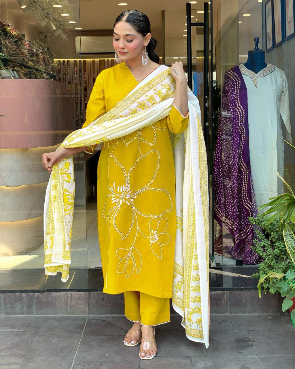 Mustard Yellow Cotton Kurti Set with White Dupatta