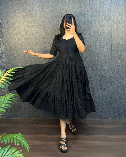 Black Eyelet Cotton Midi Dress