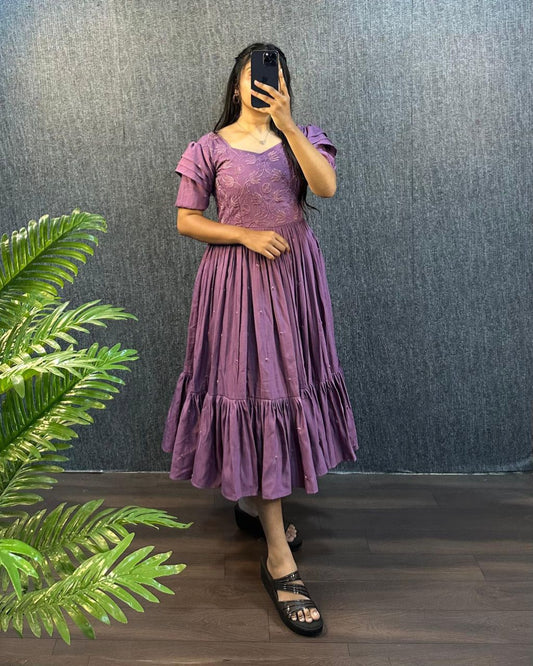 Lavender Purple Embroidered Pleated Sleeve Flared Midi Dress