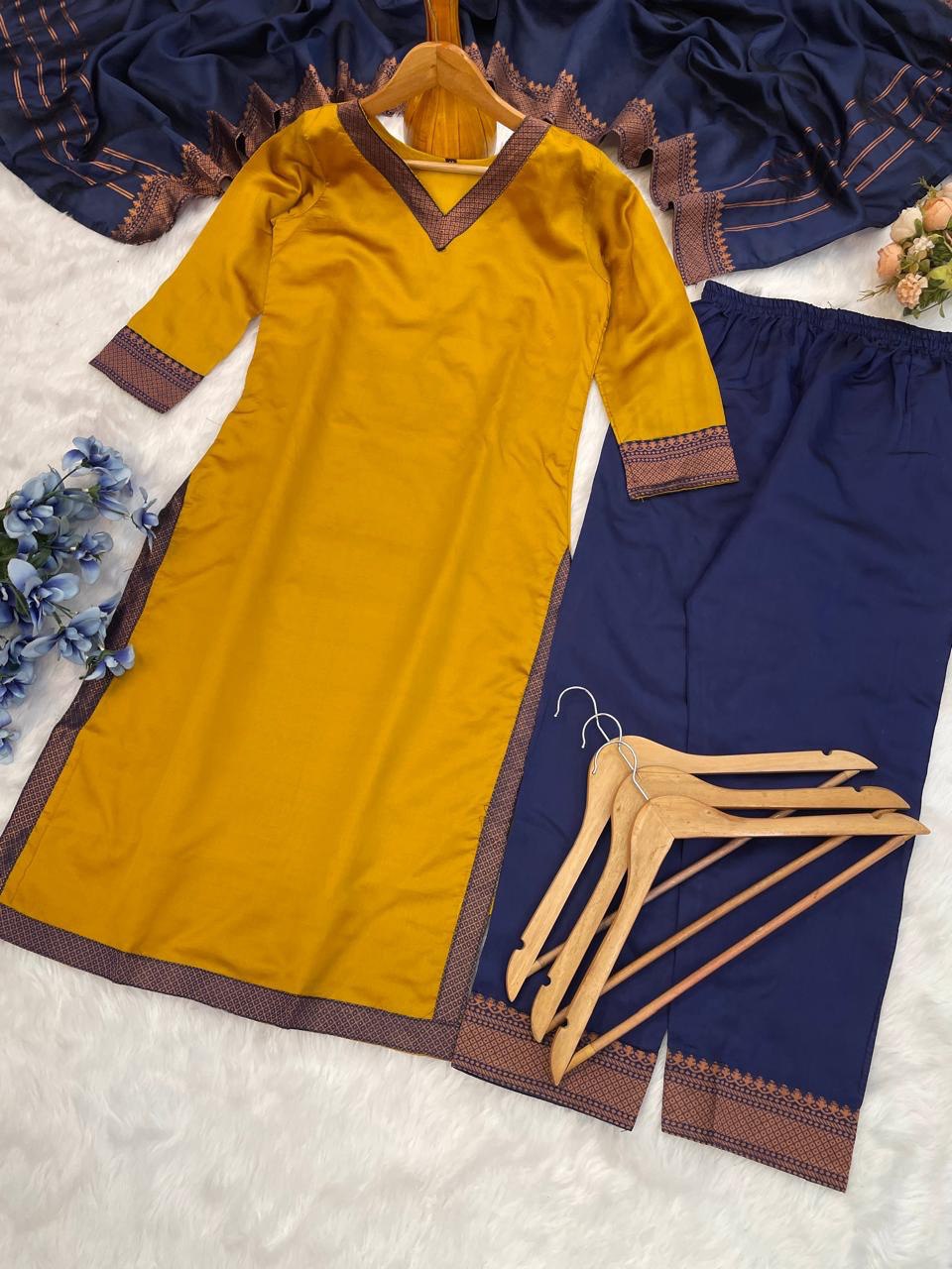 Mustard Yellow Straight Kurta Set with Blue Dupatta