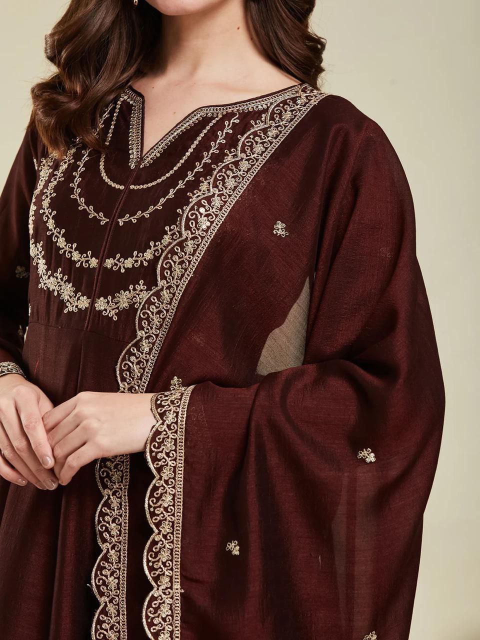 Maroon Embroidered Anarkali Kurta Set with Dupatta