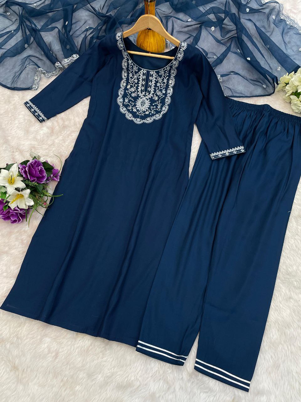 Navy Blue Embroidered Kurta Set with Pants and Dupatta