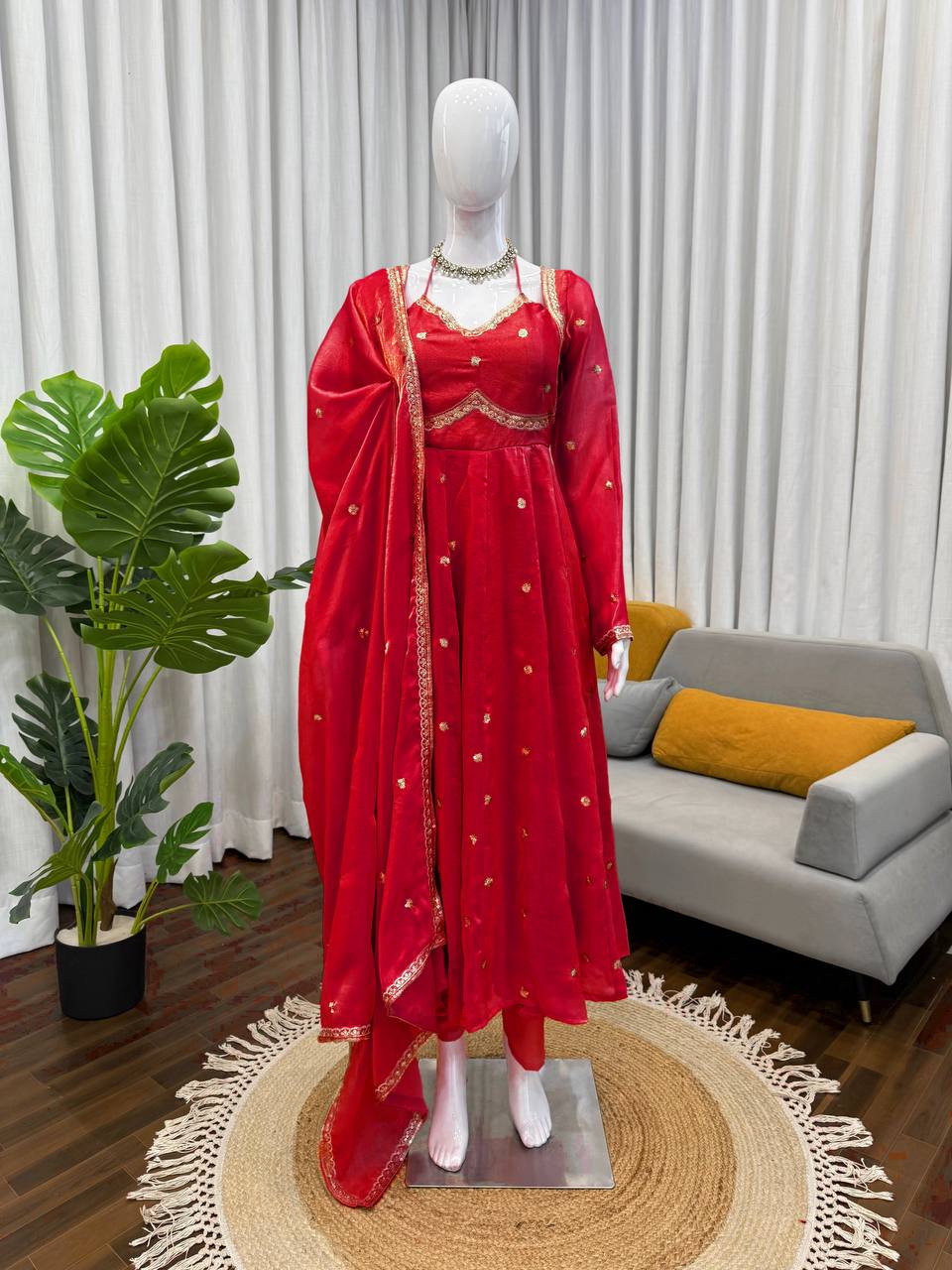 Red Mirror Work Anarkali Suit