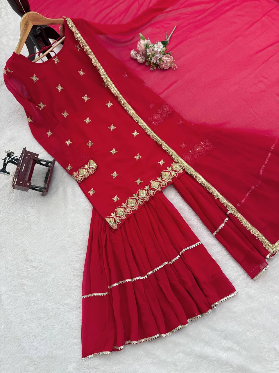 Red Embellished Sharara Suit