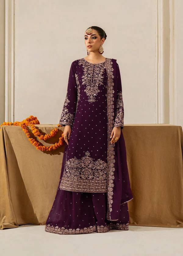 Deep Purple Embellished Long Kurta with Sharara and Dupatta