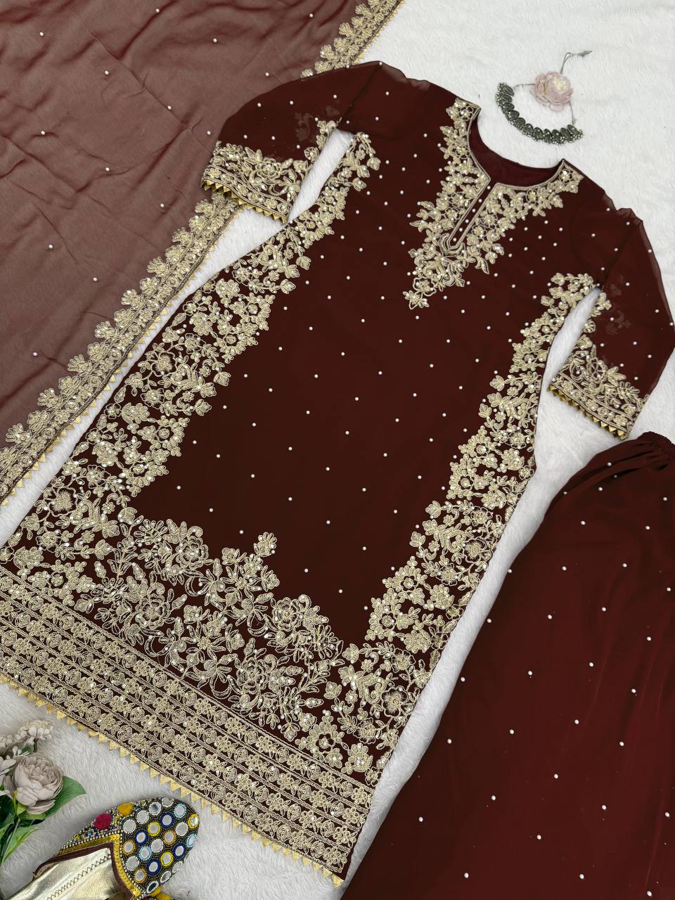 Deep Maroon Embellished Long Kurta with Sharara and Dupatta