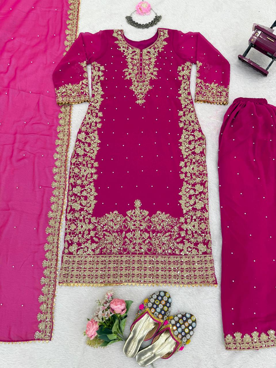 Fuchsia Embellished Long Kurta with Sharara and Dupatta