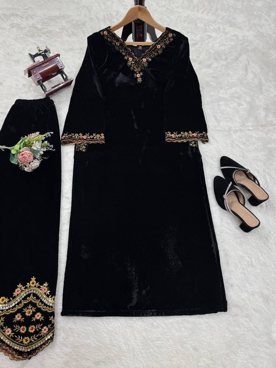 Black Velvet Embroidered Kurta Set