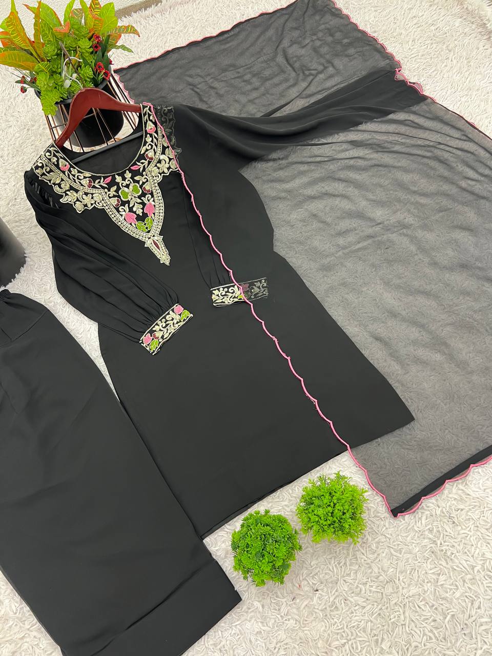 Black straight-cut embroidered suit with dhoti pants and contrast-edge dupatta