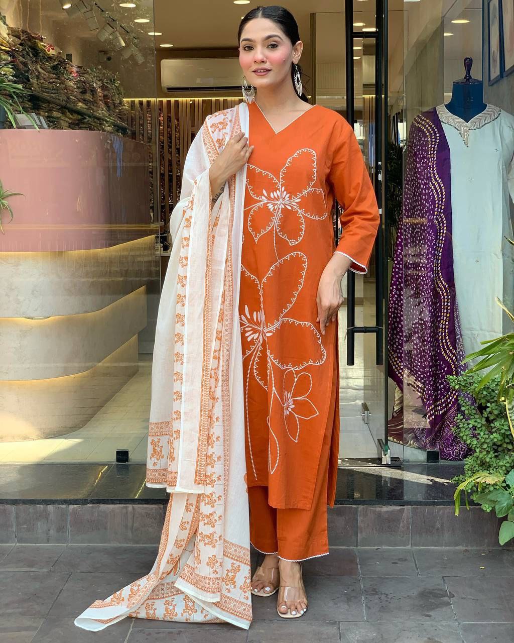 Rust Orange Cotton Kurti Set with White Dupatta