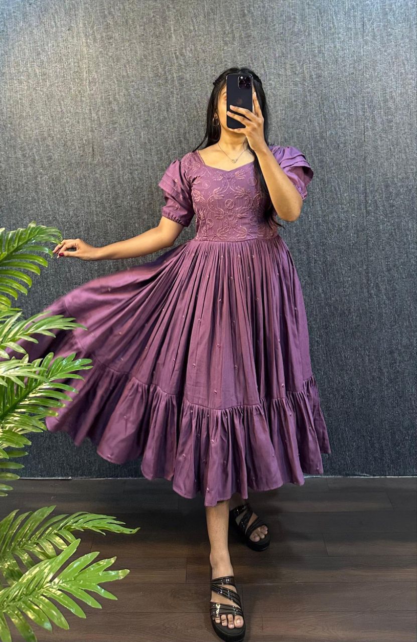 Lavender Purple Embroidered Pleated Sleeve Flared Midi Dress