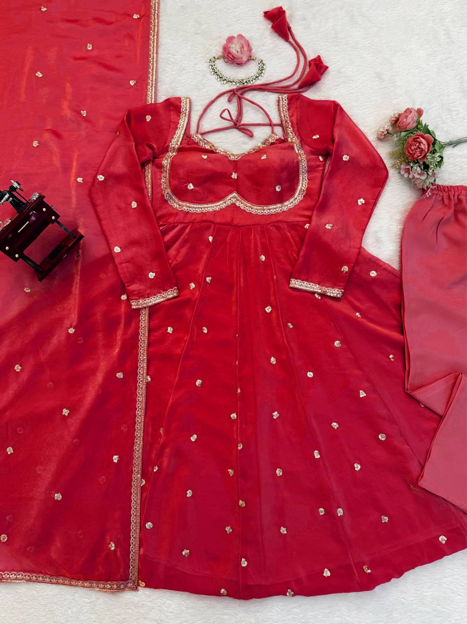 Red Mirror Work Anarkali Suit