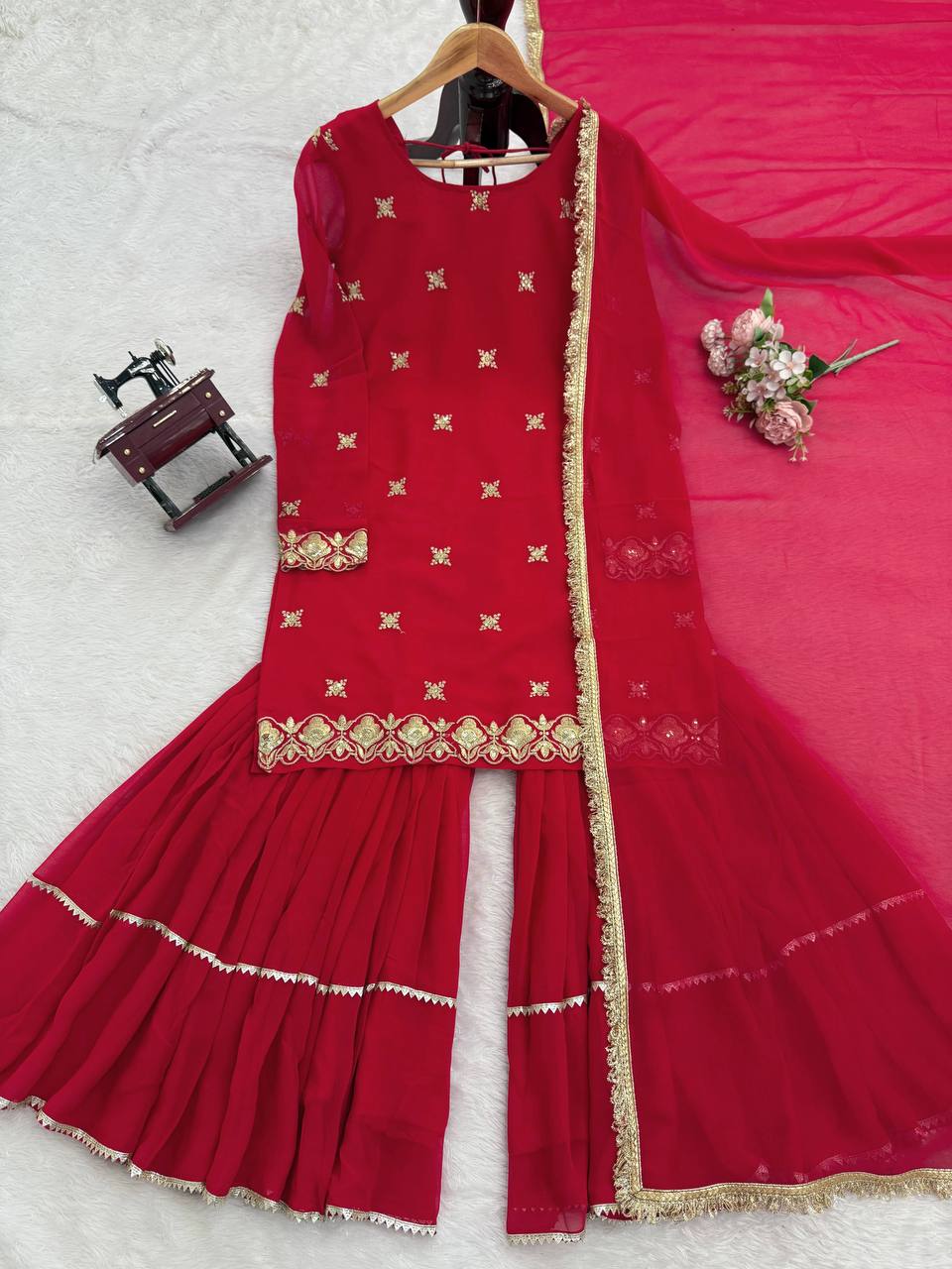 Red Embellished Sharara Suit