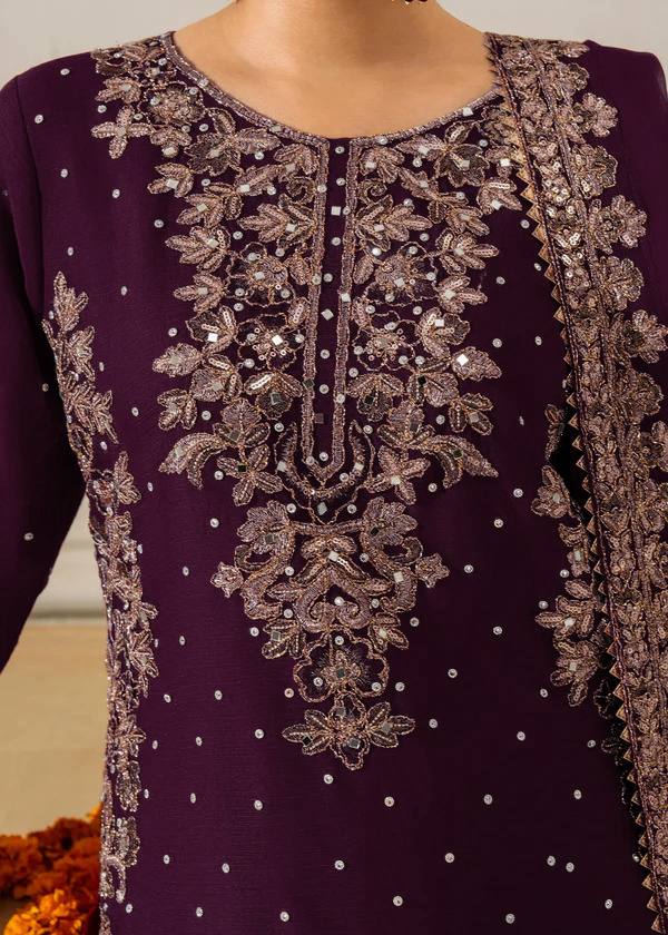 Deep Purple Embellished Long Kurta with Sharara and Dupatta