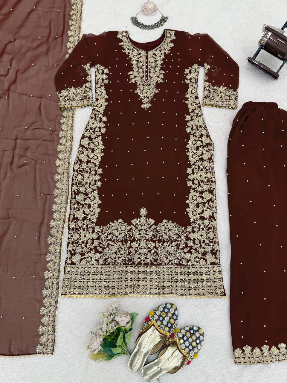 Deep Maroon Embellished Long Kurta with Sharara and Dupatta