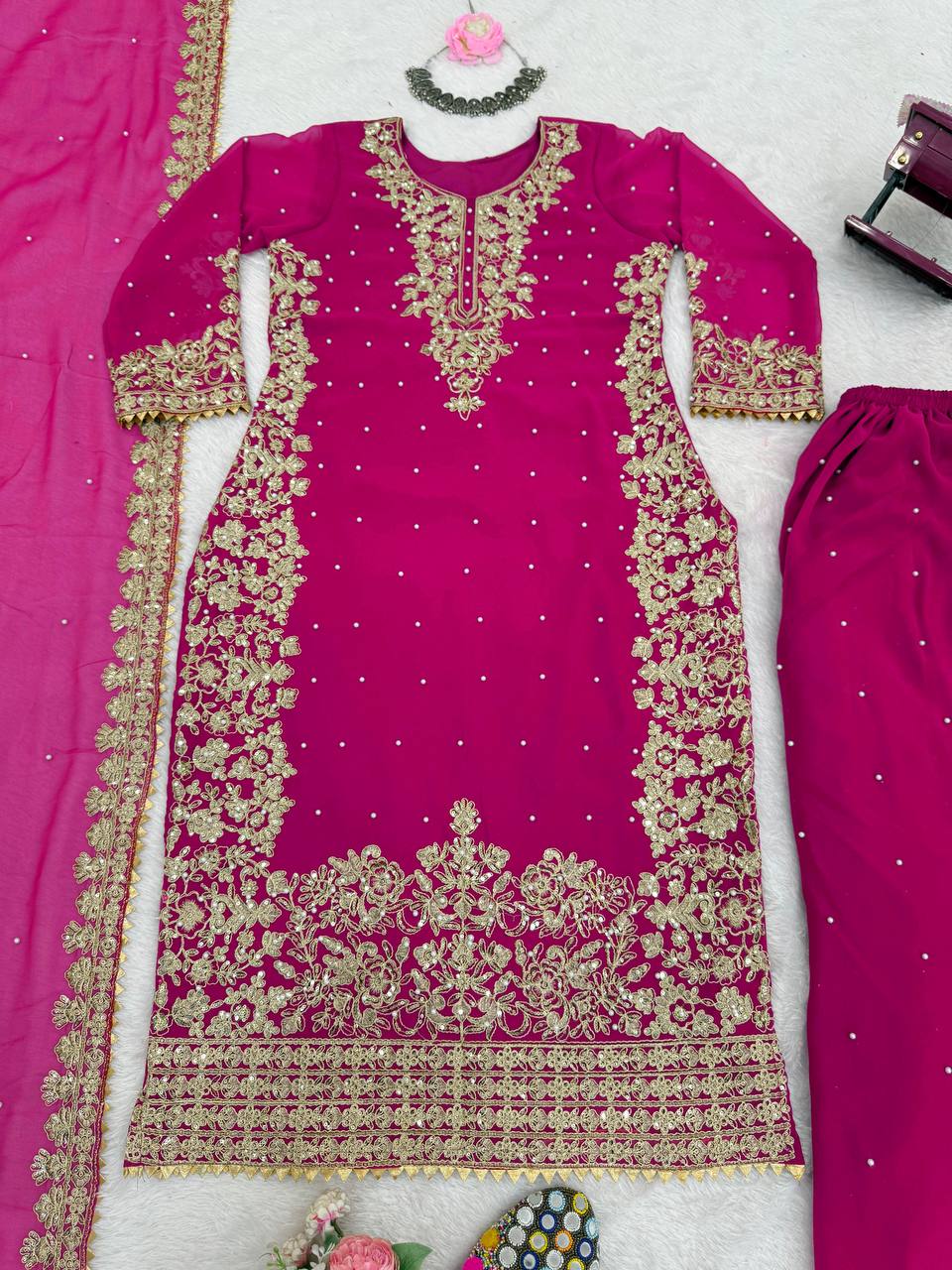 Fuchsia Embellished Long Kurta with Sharara and Dupatta