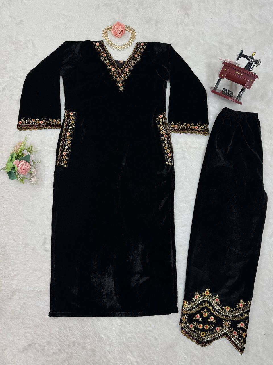 Black Velvet Embroidered Kurta Set
