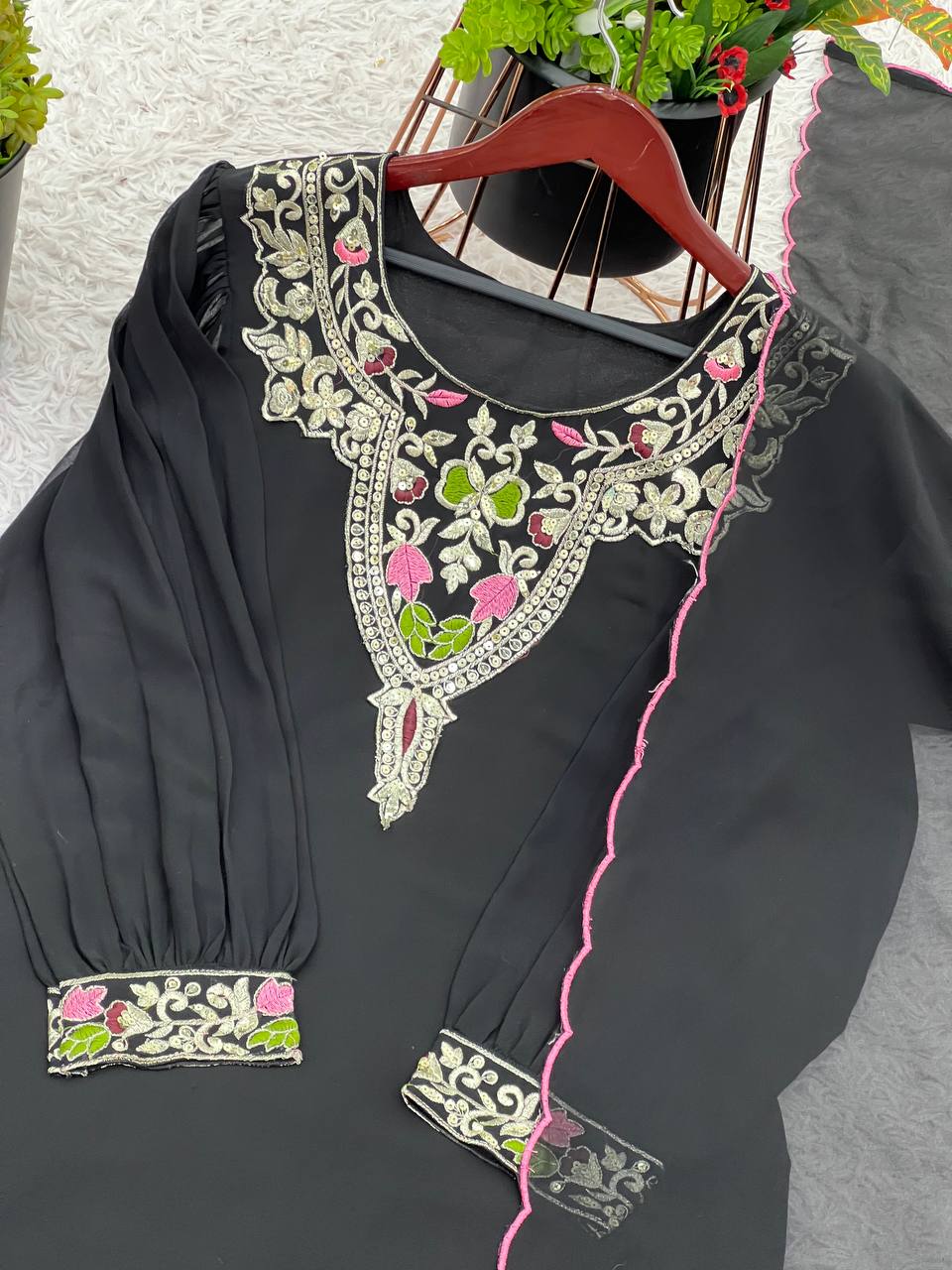 Black straight-cut embroidered suit with dhoti pants and contrast-edge dupatta