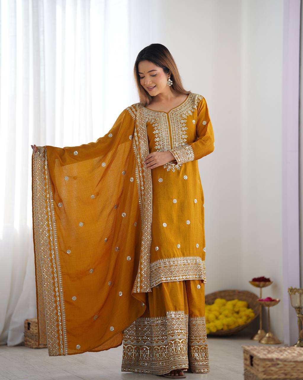 Mustard heavy embroidered silk Anarkali set with matching dupatta