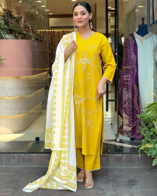 Mustard Yellow Cotton Kurti Set with White Dupatta